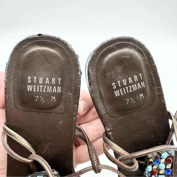 Stuart Weitzman Alaking Crystal Embellished Gladiator Sandal In Brass Mordorf - Picture 10 of 11